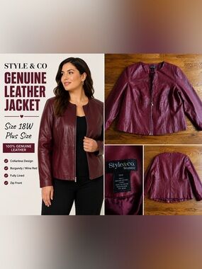 Style & Co Genuine Leather Jacket Burgundy Wine Red Size 18W Plus Size